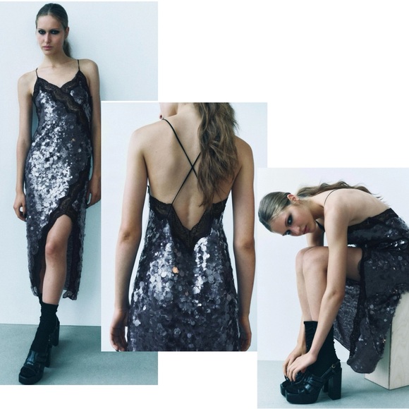 Zara ZW Collection Mauve Purple Sequin Lace Midi Dress S NWOT cocktail party - Picture 3 of 17